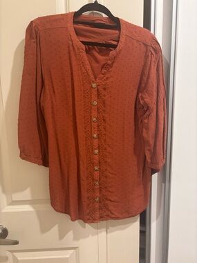 Women's burnt orange Button-Front Swiss Dot Blouse
